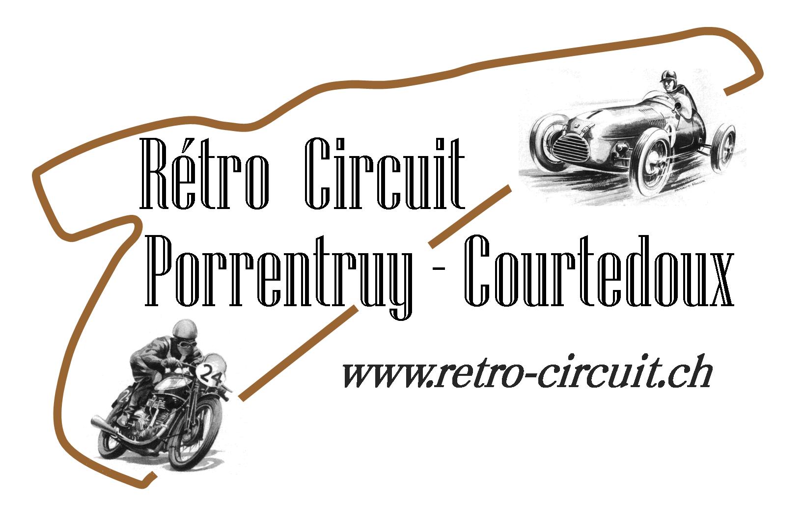Logo du Rétro Circuit Porrentruy Courtedoux avec une automobile et une moto historiques
