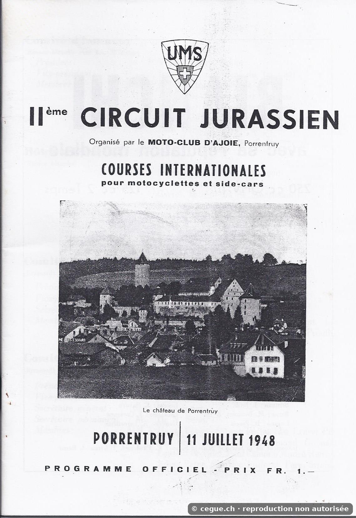 Programme du deuxième Circuit jurassien de 1948