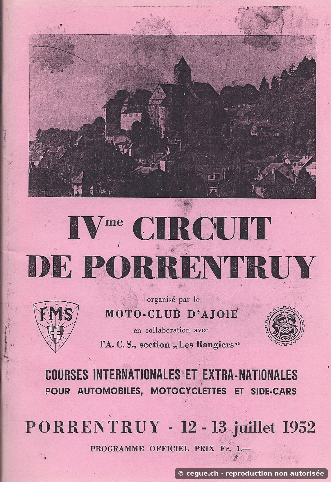 Programme du quatrième Circuit de Porrentruy de 1952