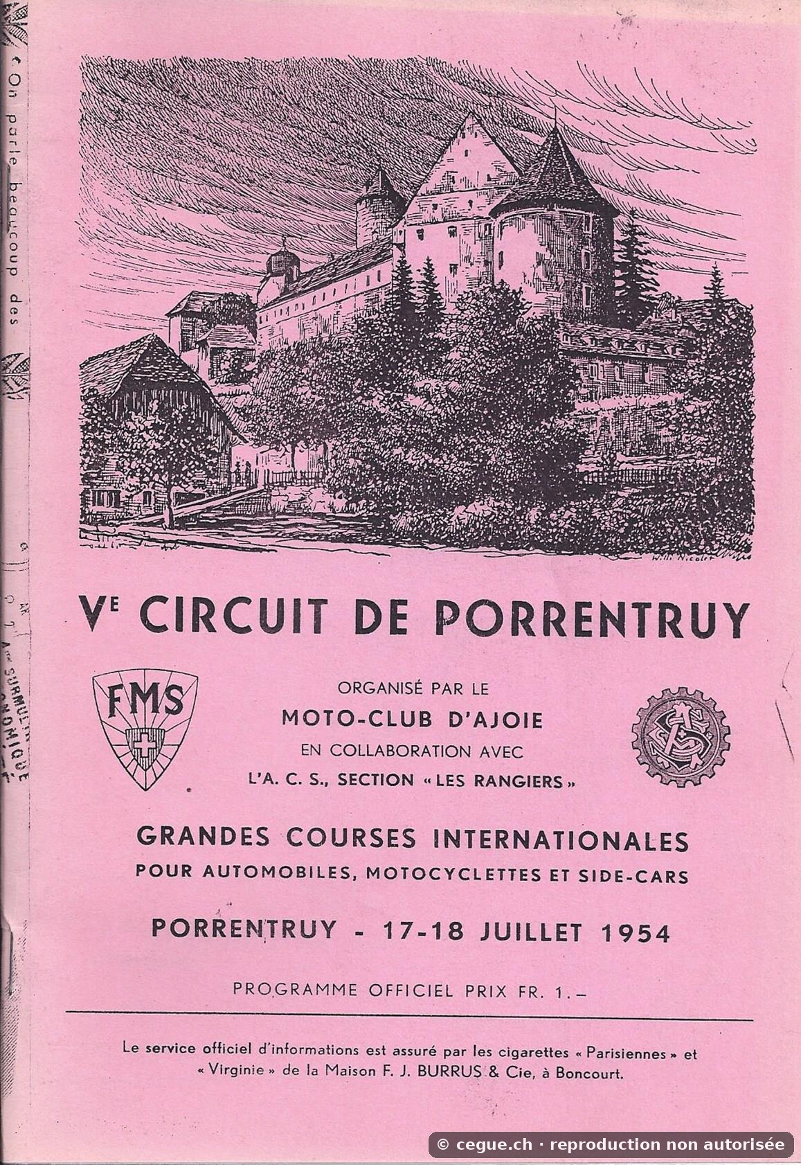 Programme du cinquième Circuit de Porrentruy de 1954